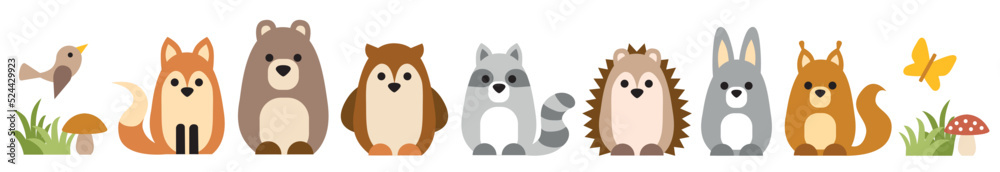 isolated vector graphic illustration of cute animals in a forest, hedgehog, fox, bear, squirrel, raccoon, rabbit, owl surrounded by trees, grass, a bird and a butterfly