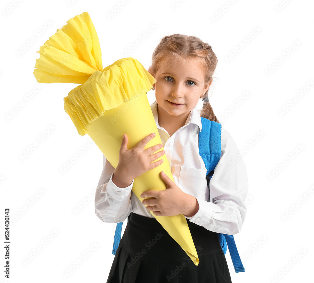 Cute little girl with yellow school cone on white background Cute little girl with yellow school cone on white background