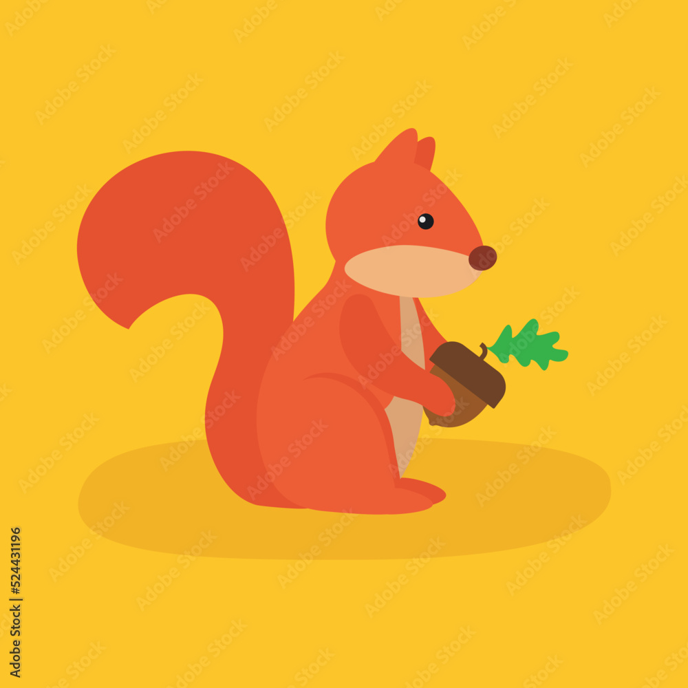 squirrel holding an acorn on a yellow background squirrel holding an acorn on a yellow background