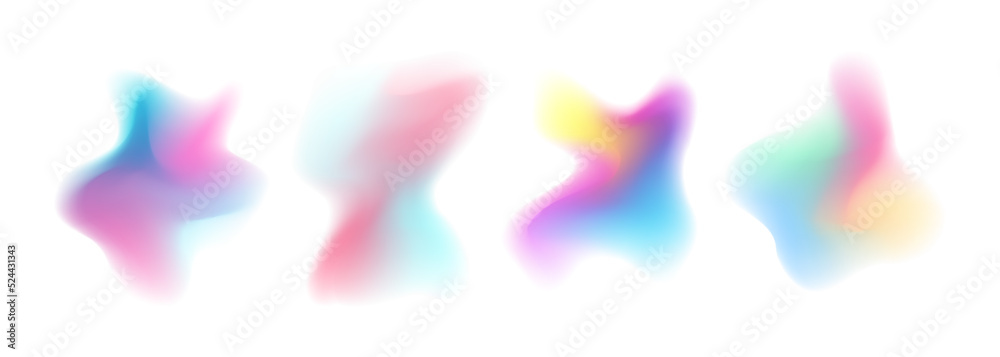 Set of blurred liquid shapes. Defocused color gradient blobs or splashes collection isolated on white background. Fluid dynamic elements for your creative graphic design. Vector illustration.