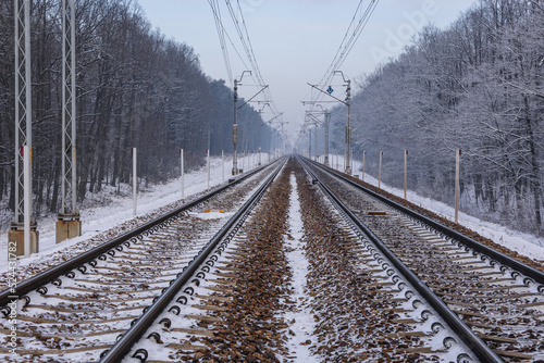 Railway tracks in Rogow village, Lodz Province of Poland