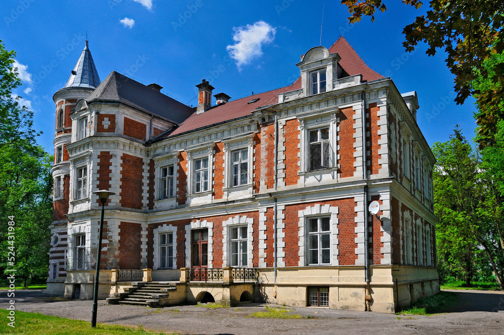 Eclectic palace of the Kronenbergs in village Brzezie, Kuyavian-Pomeranian Voivodeship, Poland. The palace in Brzezie was built for Leopold Kronenberg in 1873. It was designed by the Warsaw architect 