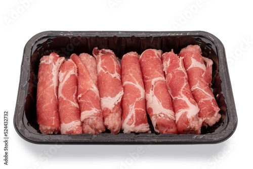 Pork neck steak rolls (capocollo)  in plastic food tray for sale in supermarket isolated on white, clipping path