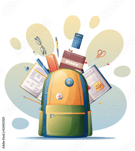 Open backpack with flying school supplies. Back to school, knowledge day, school theme.Vector school illustration isolated on white background.