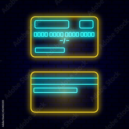 Glowing neon credit card user interface icon. Glowing sign logo vector isolated on brick wall