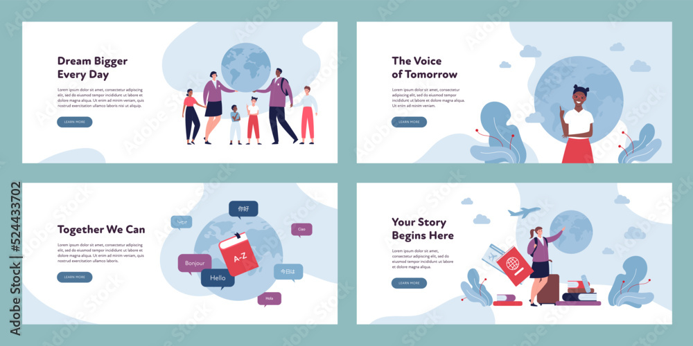 Education abroad banner template concept. Vector flat design character illustration set. Group of different ethnic boy and girl pupil student. Planet Earth, ticket, id, various language, plane symbol