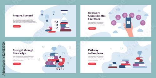 Education banner template concept. Vector flat design character illustration set. Collection of layout. Girl sitting with laptop. Hourglass, exam, online library, smartphone, prize and book symbol