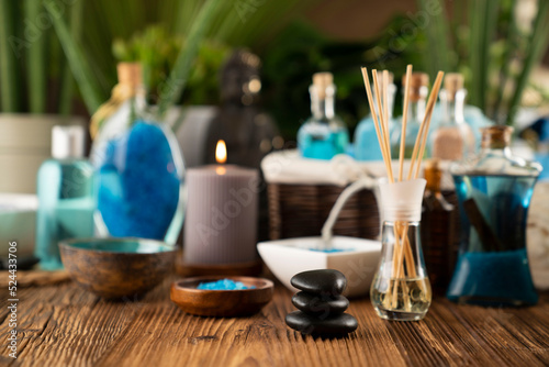 Spa treatments. Spa accessories on wooden paneling. 