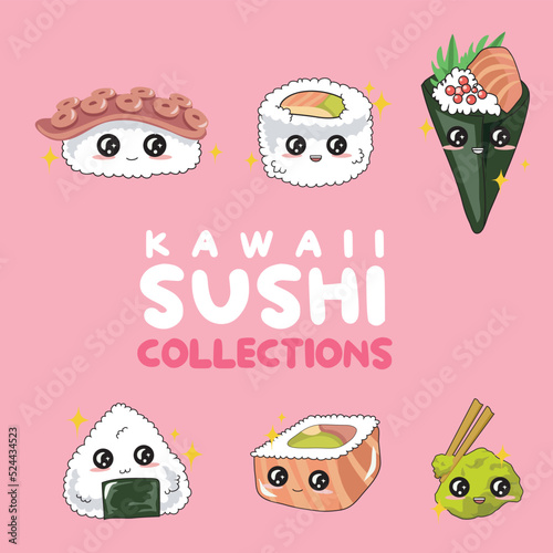 Funny Japanese food. Asian cuisine. Kawaii cute sushi collections with smiling face and pink cheeks. Cartoon emoji for textile, web, print. Vector illustration.