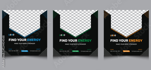 Simple abstract clean creative modern minimalist  gym fitness square advertising web banner yoga sports ads flyer story Instagram post design template black green orange blue color variation.  