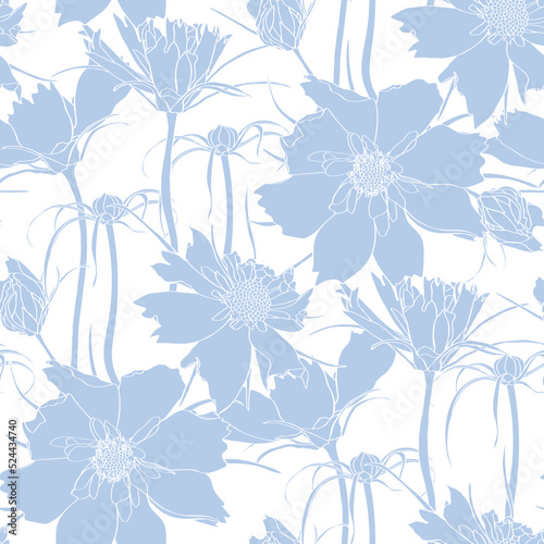 Seamless flower pattern background with line blue Cosmos flower and leaf drawing illustration.