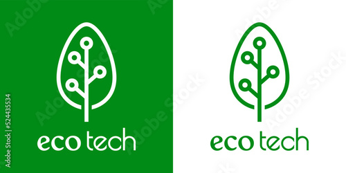 Logo con texto Eco Tech con silueta de árbol con circuito digital con líneas en fondo verde y fondo blanco