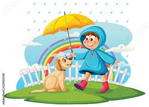 Rainy day with a boy in raincoat and a dog