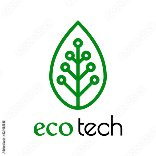 Logo con texto Eco Tech con silueta de hoja de planta con circuito digital con líneas en color verde y negro