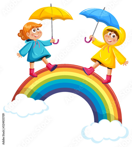 Children walking on rainbow in the sky