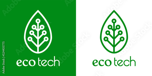Logo con texto Eco Tech con silueta de hoja de planta con circuito digital con líneas en fondo verde y fondo blanco