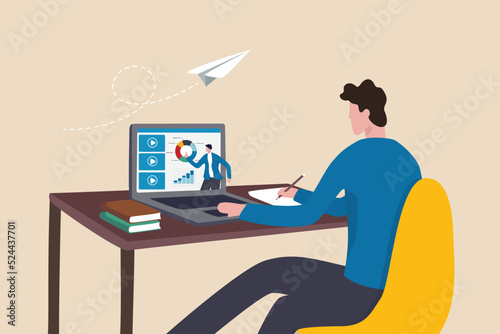 Study online course, learning new skill from internet or e-learning website, training or online class for knowledge concept, young adult employee studying online course on computer laptop.