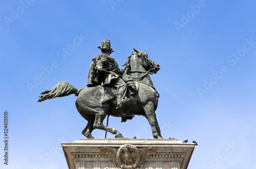 MILAN, ITALY, APRIL 7, 2022 - View of Vittorio Emanuele II statue in Duomo Square, Milan, Italy.