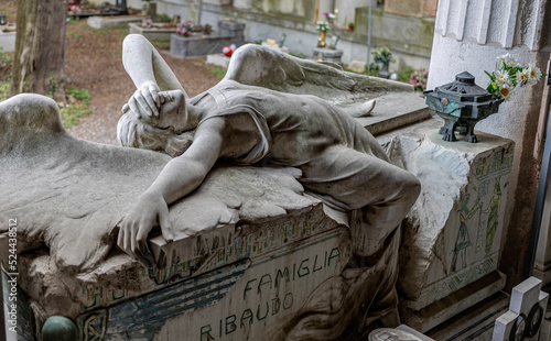 Photography GENOA, ITALY, APRIL 19, 2022 - Tomb of the Ribaudo family, monumental cemetery of Genoa, Italy, famous for the cover of the single of the English band Joy Division's  Love will tear us apart