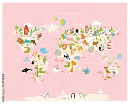 Print. Map of the world with cartoon animals for kids. Eurasia, South America, North America, Australia and Africa.   © olga