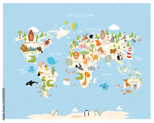 Print. Map of the world with cartoon animals for kids. Eurasia, South America, North America, Australia and Africa.

