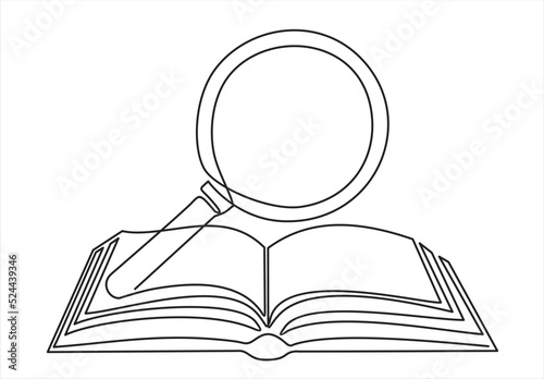 Continuous line drawing of book and magnifying glass, vector illustration, one line