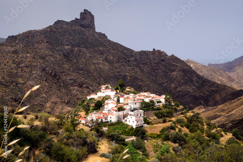 View of the little village of Tejeda with the Bentayga rock in the background, GranCanaria, Canary Islands, Spain photo