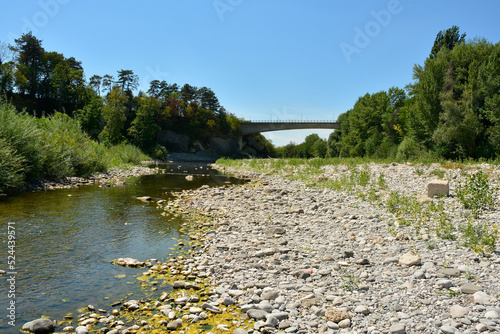 The Natisone river during the 2022 drought as it flows through the north east Italian town of Cividale del Friuli, Udine Province, Friuli-Venezia Giulia. Normally a popular swimming spot during the su
