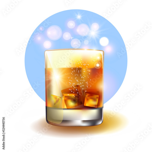 Realistic image of a glass of brandy, whiskey or cognac with ice. Vector illustration of a glass of alcohol.