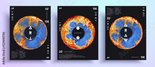 Abstract vector placard, texture pack of fluid art covers. Artistic background that can be used for design cover, poster, brochure and etc. Black, orange and blue unusual creative artistic template.