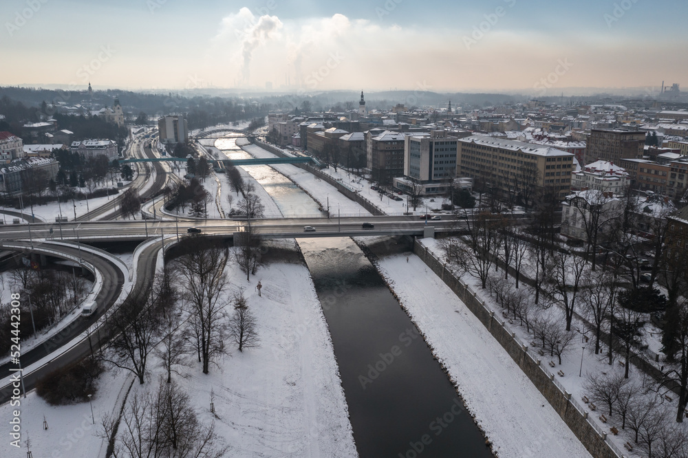 Fototapeta premium Drone photo of Ostravice River in Ostrava, Czech Republic