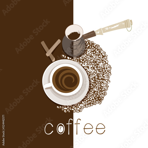 A cup of natural freshly brewed coffee, against the background of coffee beans and a coffee maker. Coffee attribute poster top view