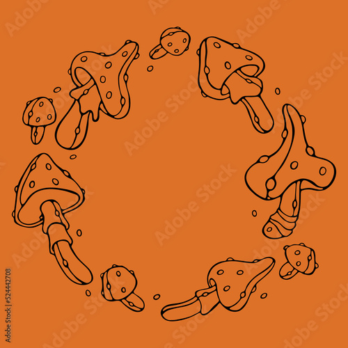 Mushrooms fly agaric outline doodle circle Vector set on orange backdrop. Autumn background round template with space for text