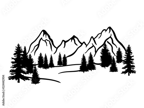 Mountain ranges and tree sketch. Vector illustration isolated on white background. Doodle drawing landscape