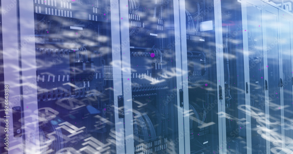 Obraz premium Image of binary coding numbers changing over tech room with computer servers