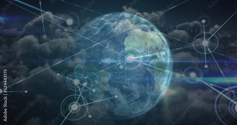 Obraz premium Network of connection over spinning globe against clouds in blue sky