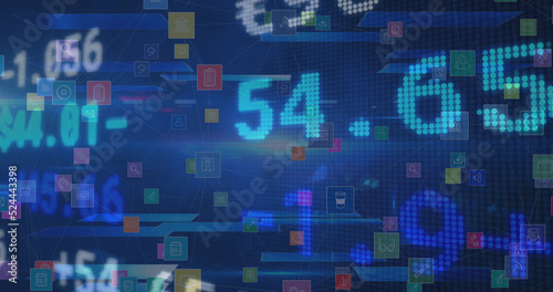 Image of stock market, icons and financial data processing over blue background