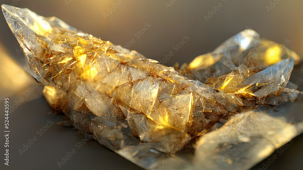 Golden translucent crystals with light refraction. Precious stones. Beautiful background. Hi tech. AI. Golden translucent crystals with light refraction. Precious stones. Beautiful background. Hi tech. AI.