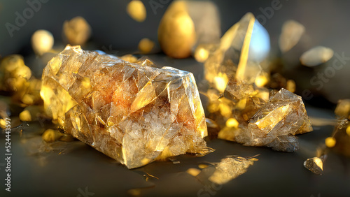 Golden translucent crystals with light refraction. Precious stones. Beautiful background. Hi tech. AI. photo