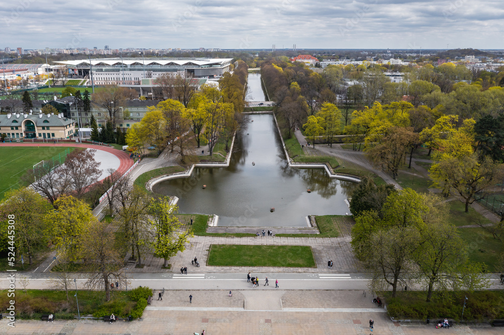 Drone photo of Royal Canal in Agrykola Park in Warsaw city, Poland - obrazy, fototapety, plakaty 