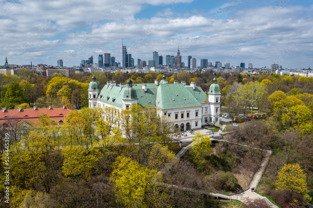 Aerial drone photo of Ujazdow Castle in Agrykola Park in Warsaw city, Poland