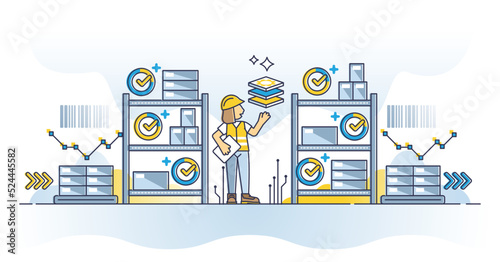 Digital warehouse for additive manufacturing storage system outline concept. Factory storehouse room interior with shelves and computer components supply vector illustration. Smart center optimization