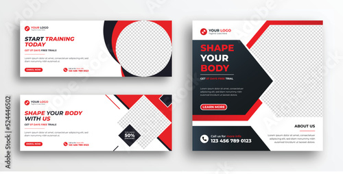 Gym and Fitness social media post design template. Gym and fitness facebook cover banner design. Web banner set design template layout with graphic element in vector.