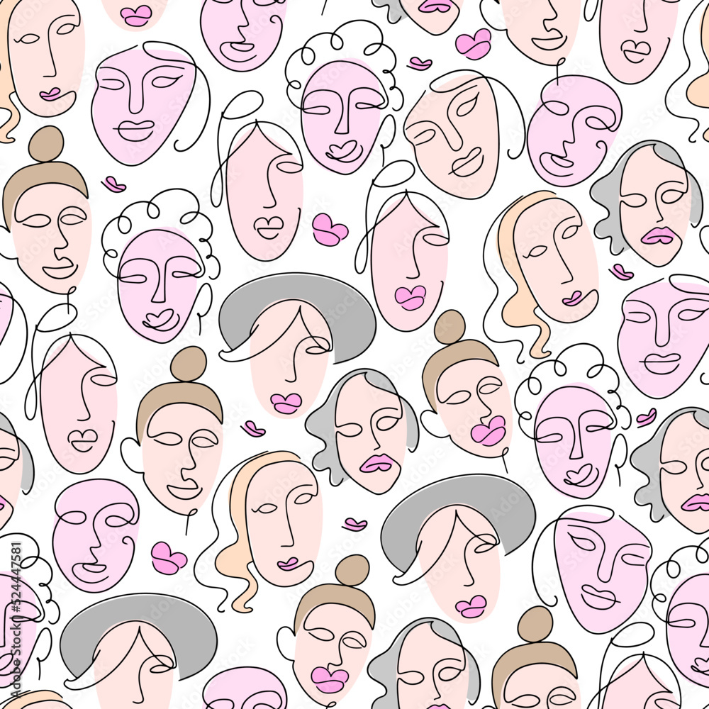 Seamless pattern with abstract female faces drawn in line-art style. Vector illustration. Seamless pattern with abstract female faces drawn in line-art style. Vector illustration.