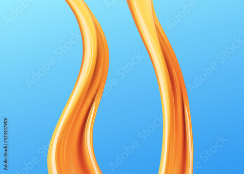 Caramel sauce decor. Realistic brown sugar syrup twirls, isolated on blue background