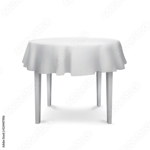 Vector Empty Wood Round Table with White Tablecloth Isolated on White Background