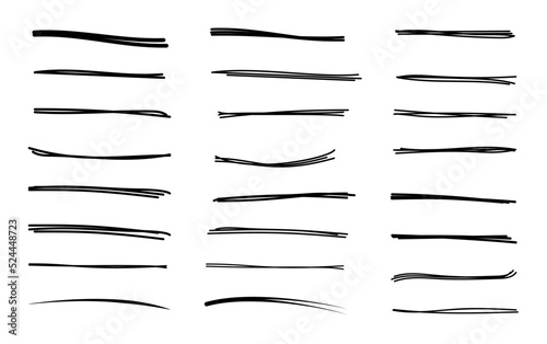 Handmade marking lines, brush highlight underlines, black color hand drawn set of underlines and highlight lines.