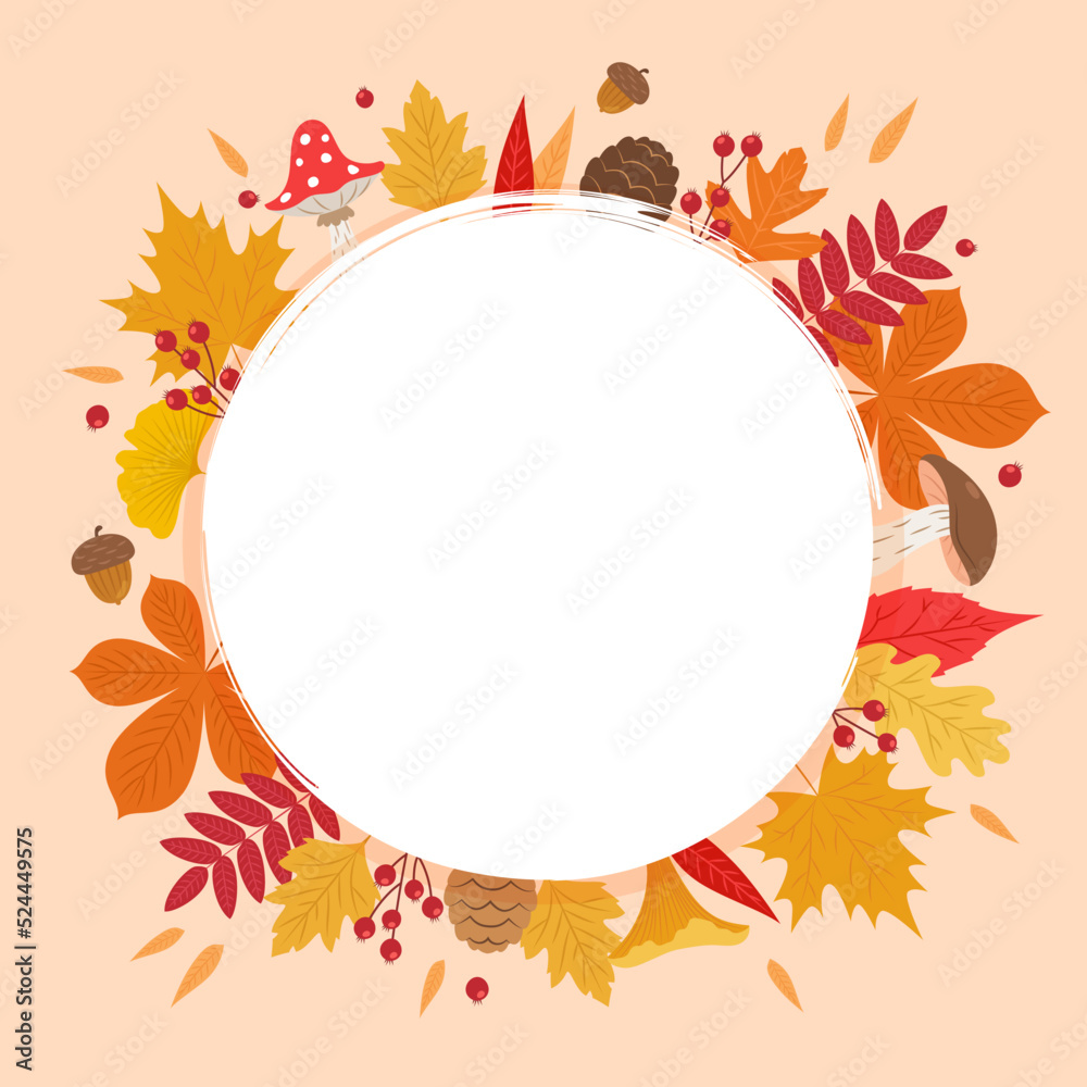 Autumn leaves frame, circular shape with different kind of leaves around, copy space. Cute vector illustration in flat cartoon style, banner template Autumn leaves frame, circular shape with different kind of leaves around, copy space. Cute vector illustration in flat cartoon style, banner template