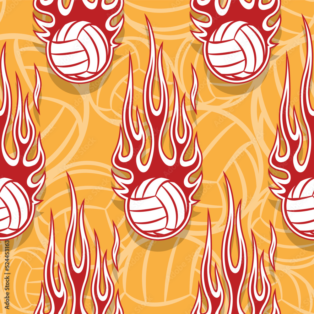 Obraz premium Volleyball balls seamless pattern with tribal fire flames vector cover and wallpaper design graphic