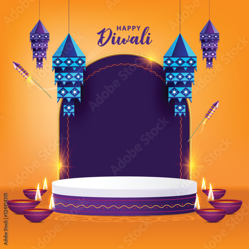 Happy Diwali sale product podium with decorative lantern and diya, lamp